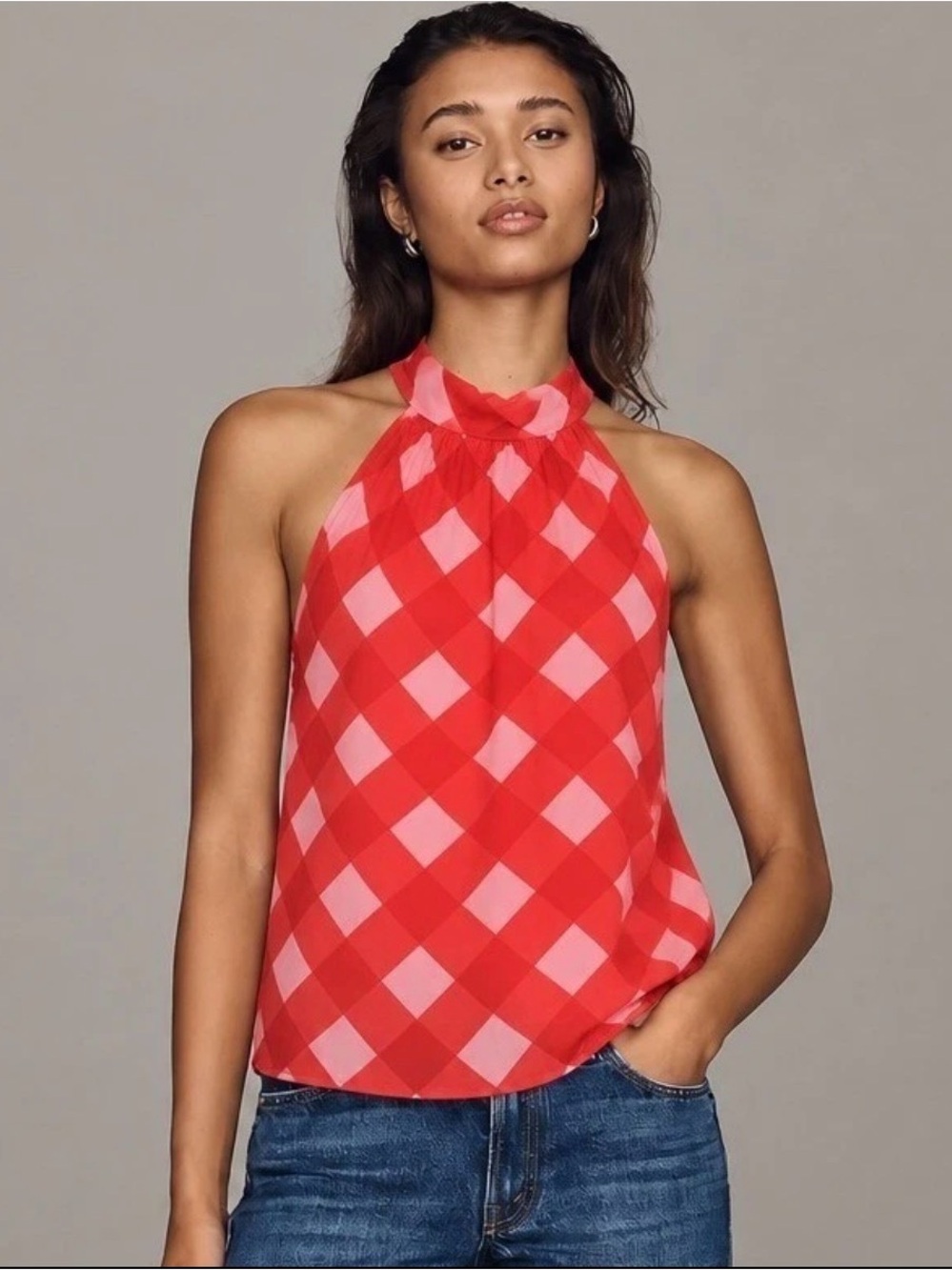 J. Crew Pink Red Gingham Tie-Neck Sleeveless Tank Top Size 8